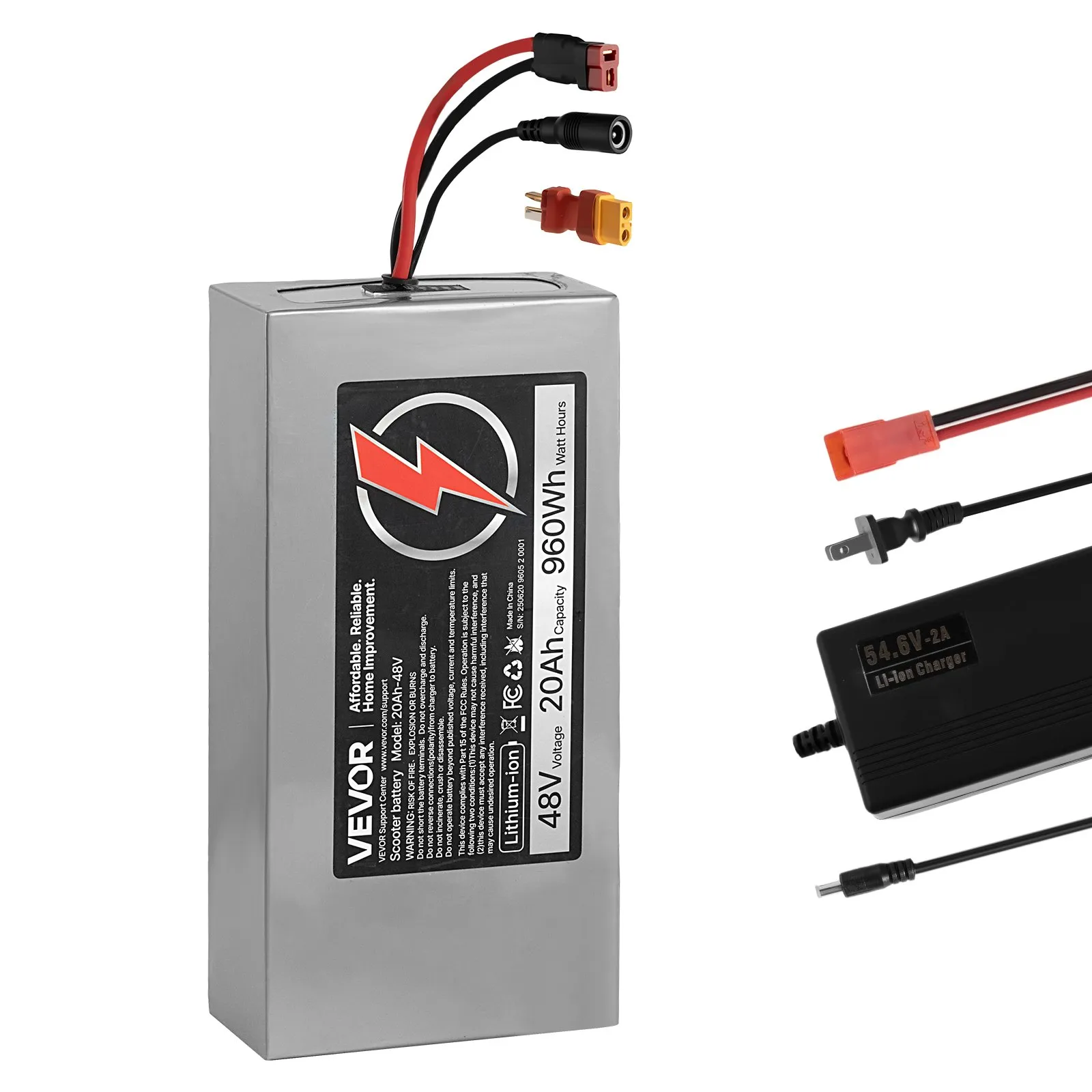 VEVOR 48V Electric Scooter Battery, 20Ah, Ebike Lithium Battery Pack with 30A BMS, Charger, T-Plug Expansion Cable, 500+ Cycles, Compatible with 4800W Motors, for Electric Bikes Bicycles, Scooters