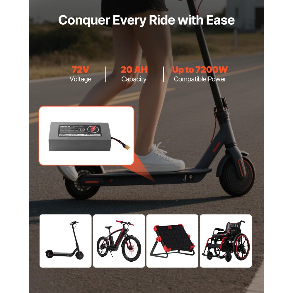 VEVOR 72V Electric Scooter Battery, 20Ah, Ebike Lithium Battery Pack with 50A BMS, Charger, T-Plug Expansion Cable, 500+ Cycles, Compatible with 7200W Motors, for Electric Bikes Bicycles, Scooters