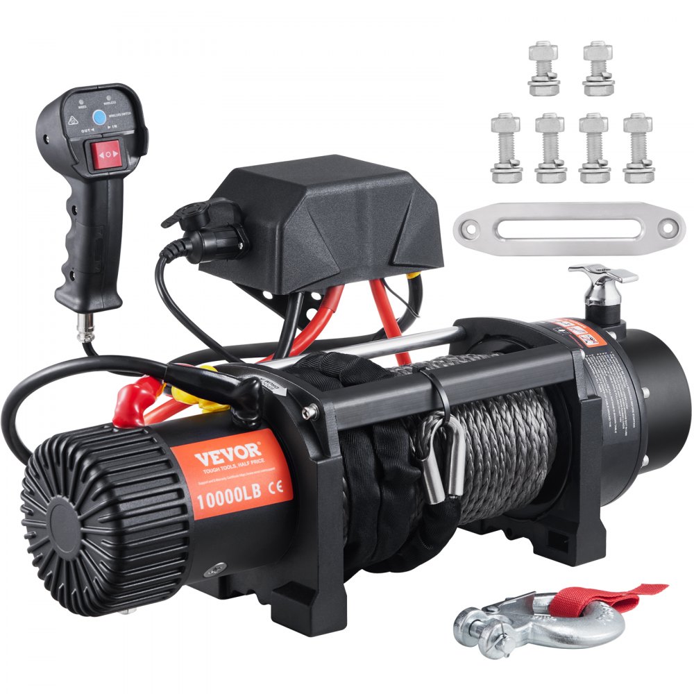 VEVOR Electric Winch, 12V 10,000 lb Load Capacity Nylon Rope Winch, IP67  7/20” x 85ft ATV Winch with Wireless Handheld Remote & Hawse Fairlead for
