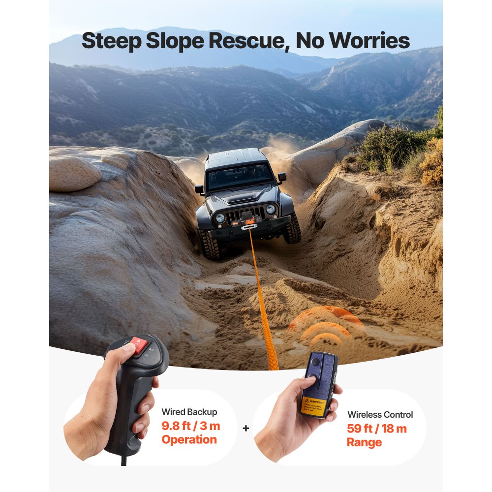 VEVOR Electric Winch, 6100 kg Load Capacity, 12V DC Truck Winch with Φ9.5 mm x 24 m Synthetic Rope, Wireless & Wired Remote Control, Suitable for Towing Off-Road SUV Jeep Trailer Boat
