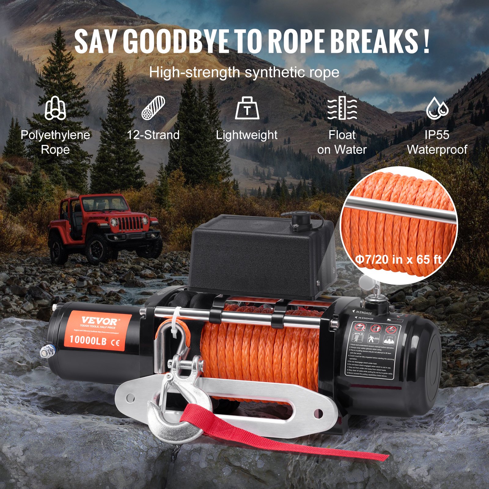 VEVOR Electric Winch, 4536 kg, 12V DC Truck Winch with Φ0.9 x 1981.2 cm Synthetic Rope Aluminum Fairlead Wireless & Wired Remote Control, IP55 Waterproof for Towing Off-Road SUV Jeep Trailer Boat