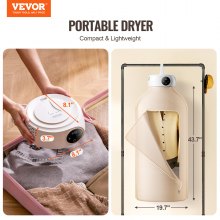 VEVOR Portable Clothes Dryer, Clothes Dryer with Dryer Bag, PTC Heating & LED Display, Foldable Mini Dryer with 5-H Timer for Apartments, Dorms, RVs, or Hotels, 600W, Beige