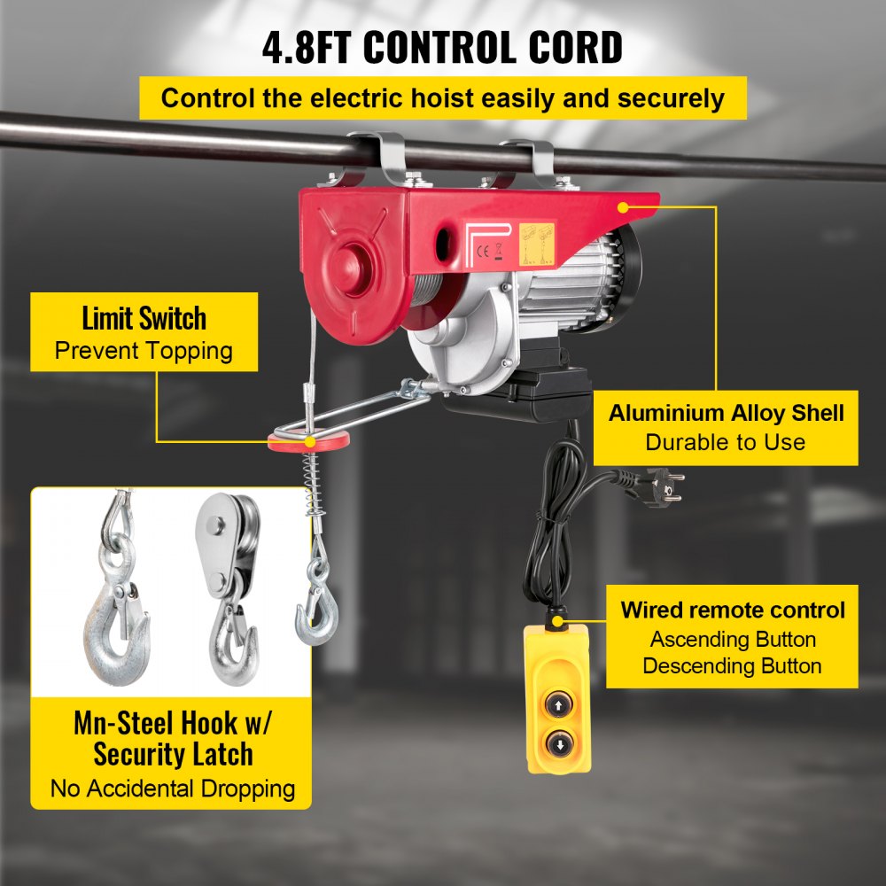 VEVOR Electric Hoist, 2200 lb Overhead Crane Garage w/Steel Hook, Remote Control & Emergency Stop Switch Ceiling Pulley Winch for Warehouse, Construction, Goods Lifting, 110V Red, 2200Lbs