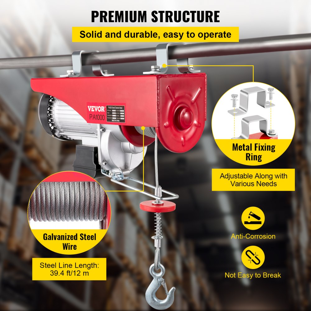 VEVOR Electric Hoist, 2200 lb Overhead Crane Garage w/Steel Hook, Remote Control & Emergency Stop Switch Ceiling Pulley Winch for Warehouse, Construction, Goods Lifting, 110V Red, 2200Lbs
