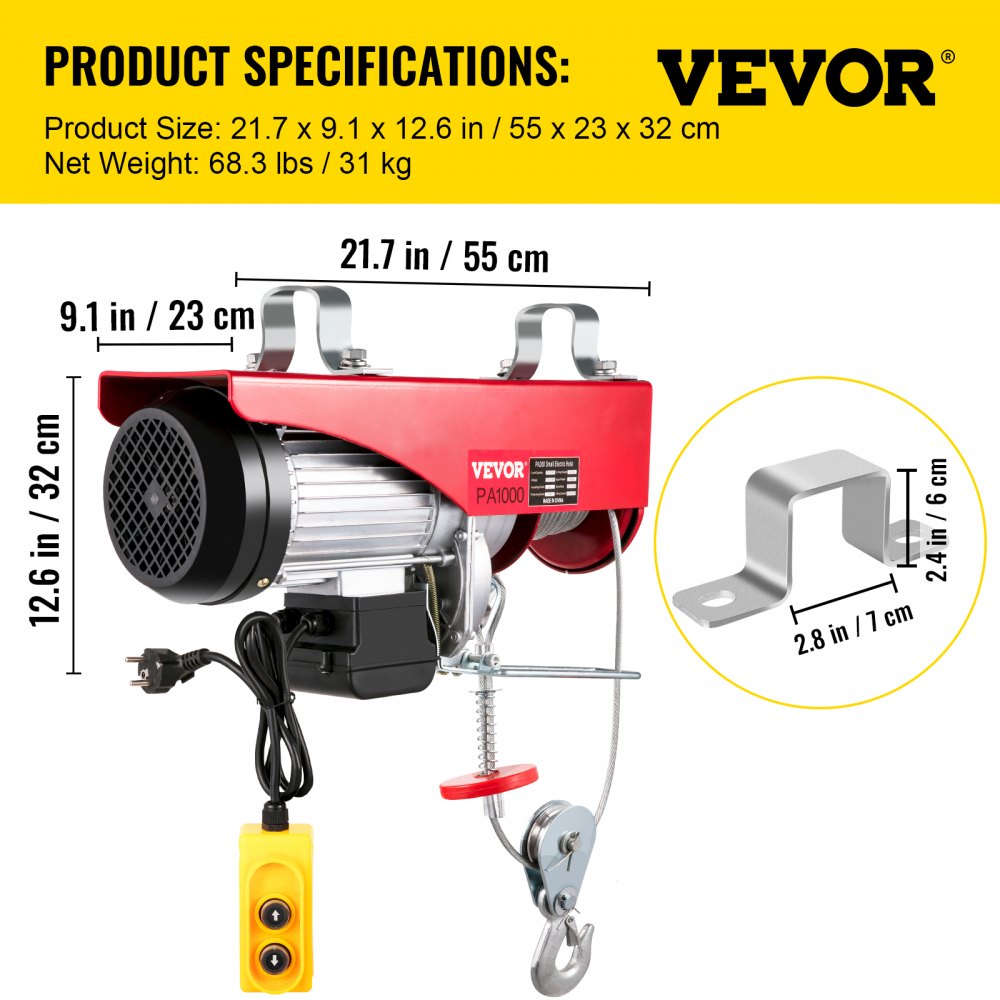 VEVOR Electric Hoist, 2200 lb Overhead Crane Garage w/Steel Hook, Remote Control & Emergency Stop Switch Ceiling Pulley Winch for Warehouse, Construction, Goods Lifting, 110V Red, 2200Lbs