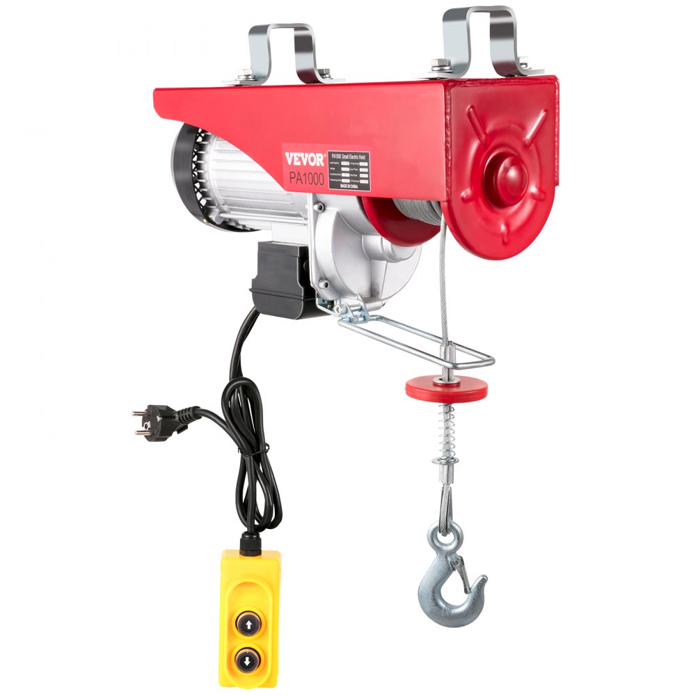VEVOR Electric Hoist, 2200 lb Overhead Crane Garage w/Steel Hook, Remote Control & Emergency Stop Switch Ceiling Pulley Winch for Warehouse, Construction, Goods Lifting, 110V Red, 2200Lbs