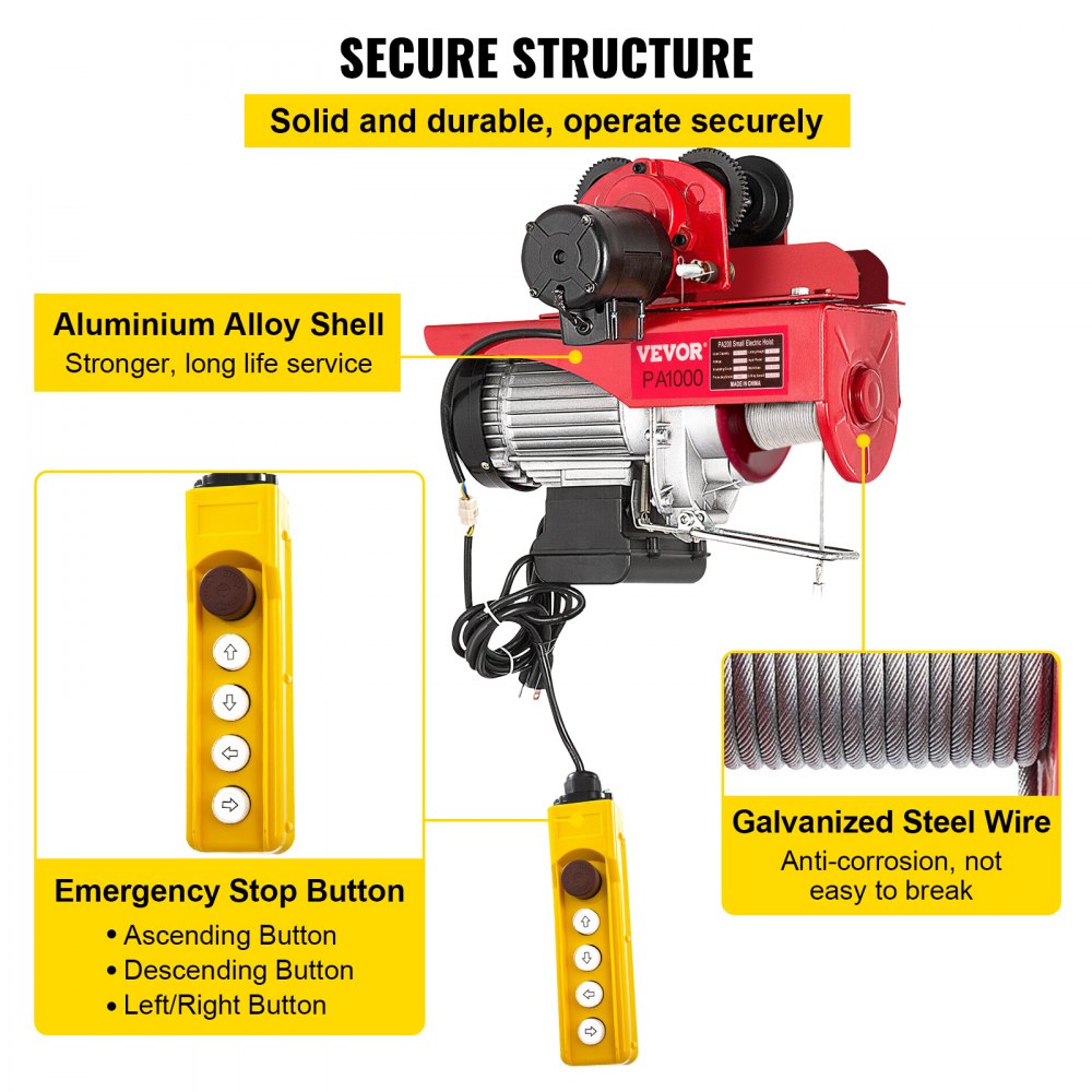 VEVOR Electric Wire Rope Hoist with Trolley, Electric Wire Rope Hoist with Trolley Remote Control Industry 1000KG/2200LBS Capacity