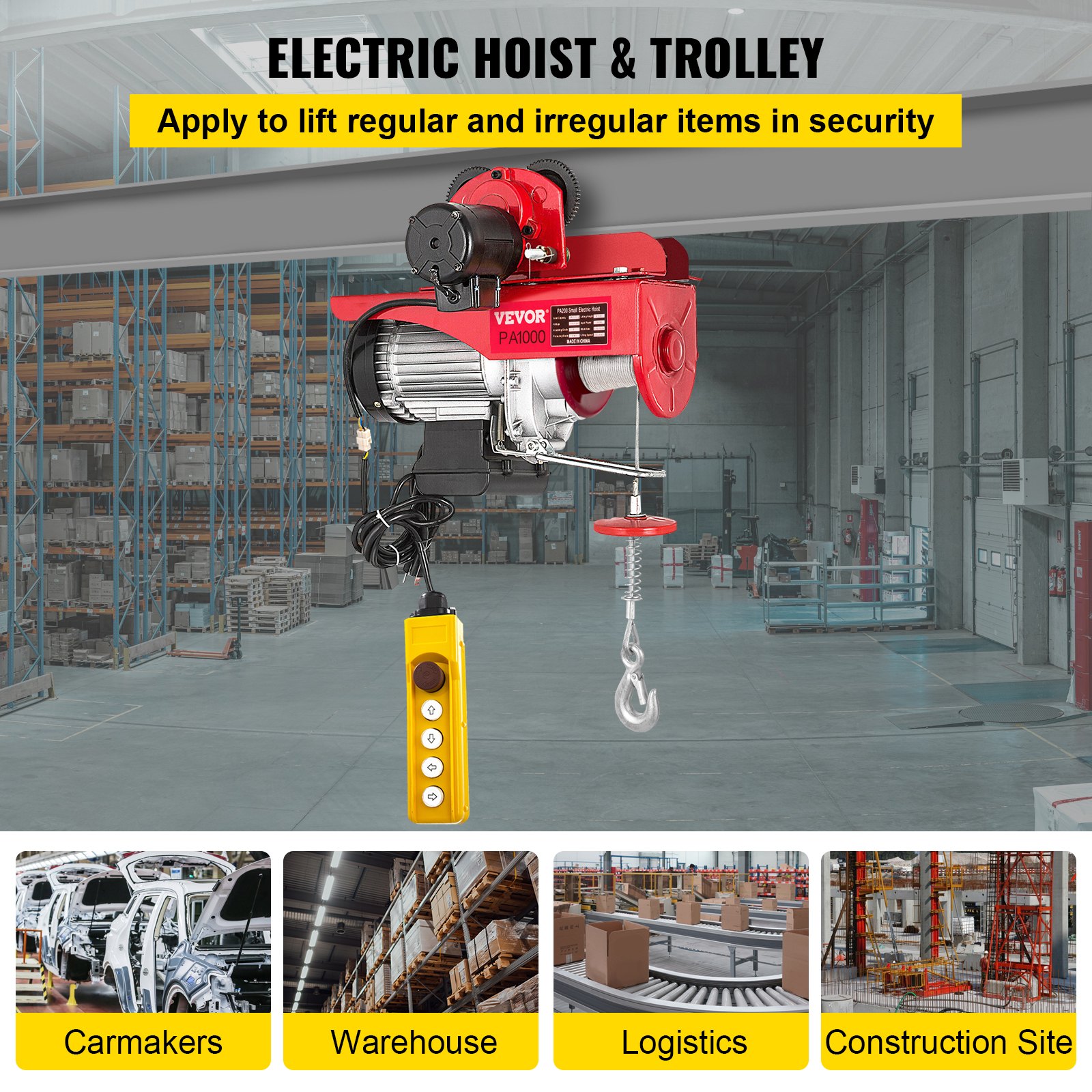 VEVOR Electric Wire Rope Hoist with Trolley, Electric Wire Rope Hoist with Trolley Remote Control Industry 1000KG/2200LBS Capacity