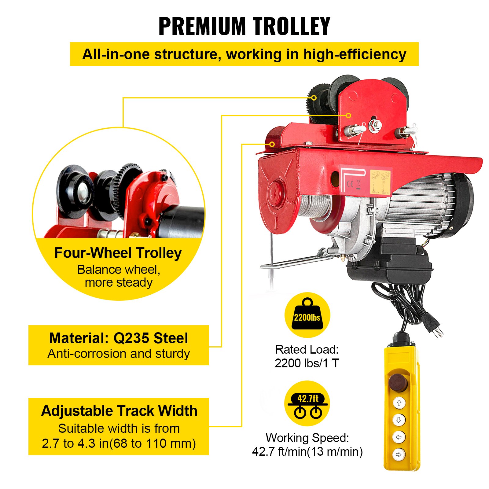 VEVOR Electric Wire Rope Hoist with Trolley, Electric Wire Rope Hoist with Trolley Remote Control Industry 1000KG/2200LBS Capacity