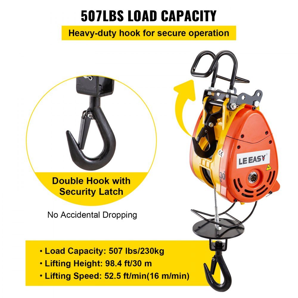 VEVOR Electric Chain Hoist 230kg Capacity Electric Winch 507lbs with 98ft/30m Length Steel Wire Rope Remote Control Crane Overhead Electric Trolley with Pulley System 110 Volts 1 Phase
