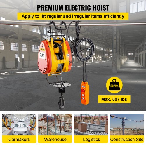 VEVOR Electric Chain Hoist 230kg Capacity Electric Winch 507lbs with 98ft/30m Length Steel Wire Rope Remote Control Crane Overhead Electric Trolley with Pulley System 110 Volts 1 Phase