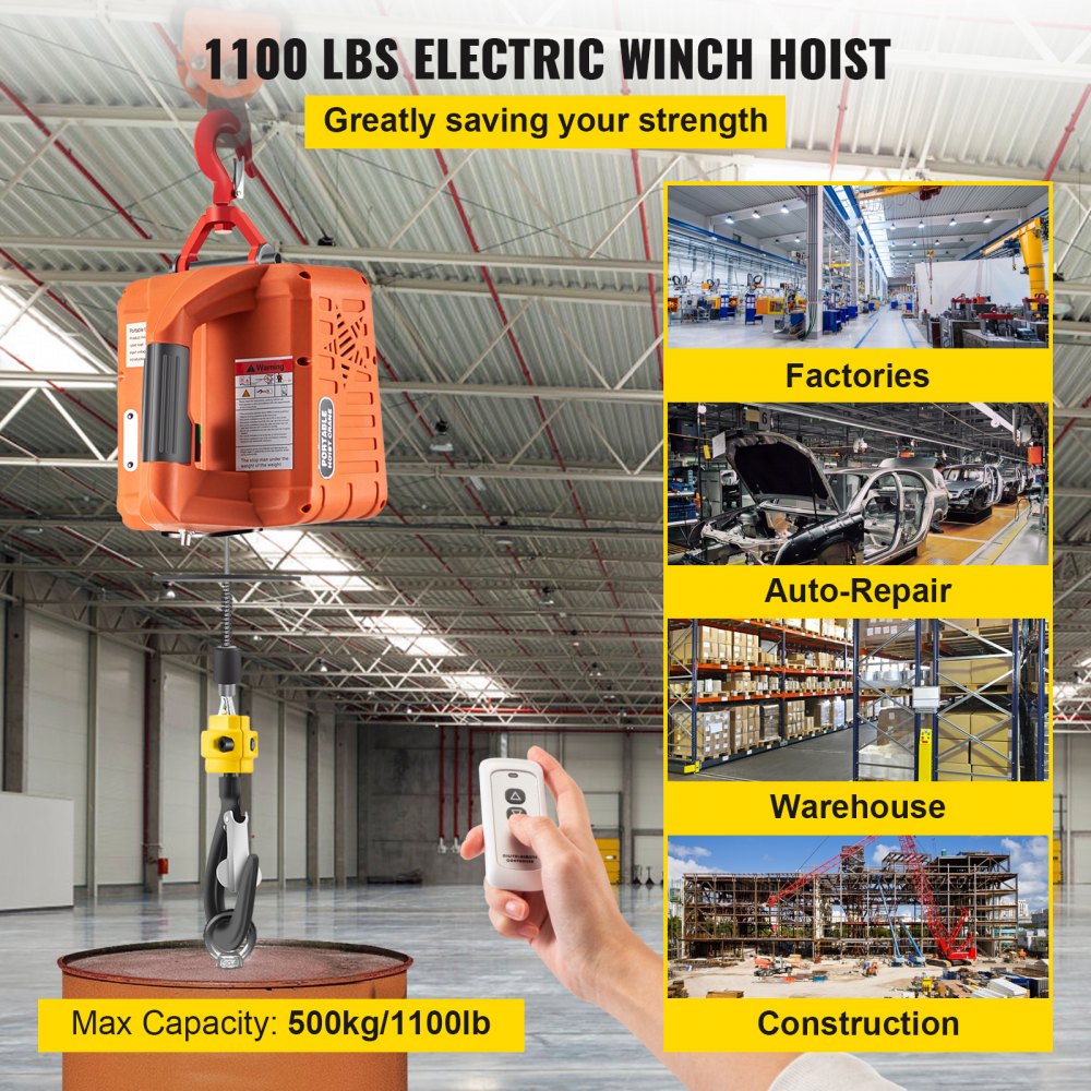 Vevor New Portable Tracking Block Electric Winch Hoist Tools 500kg / 1100lbs Remote