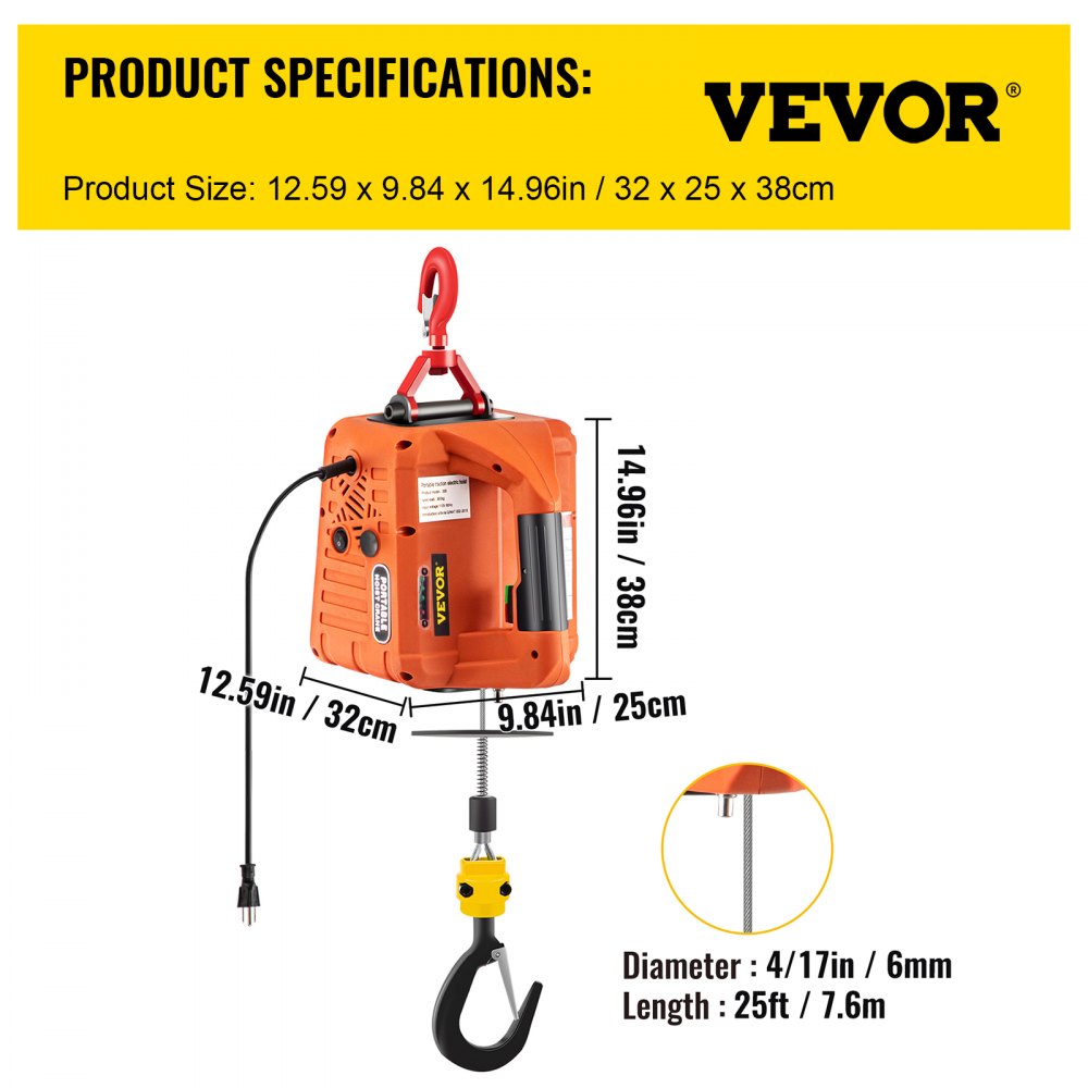 Vevor New Portable Tracking Block Electric Winch Hoist Tools 500kg / 1100lbs Remote