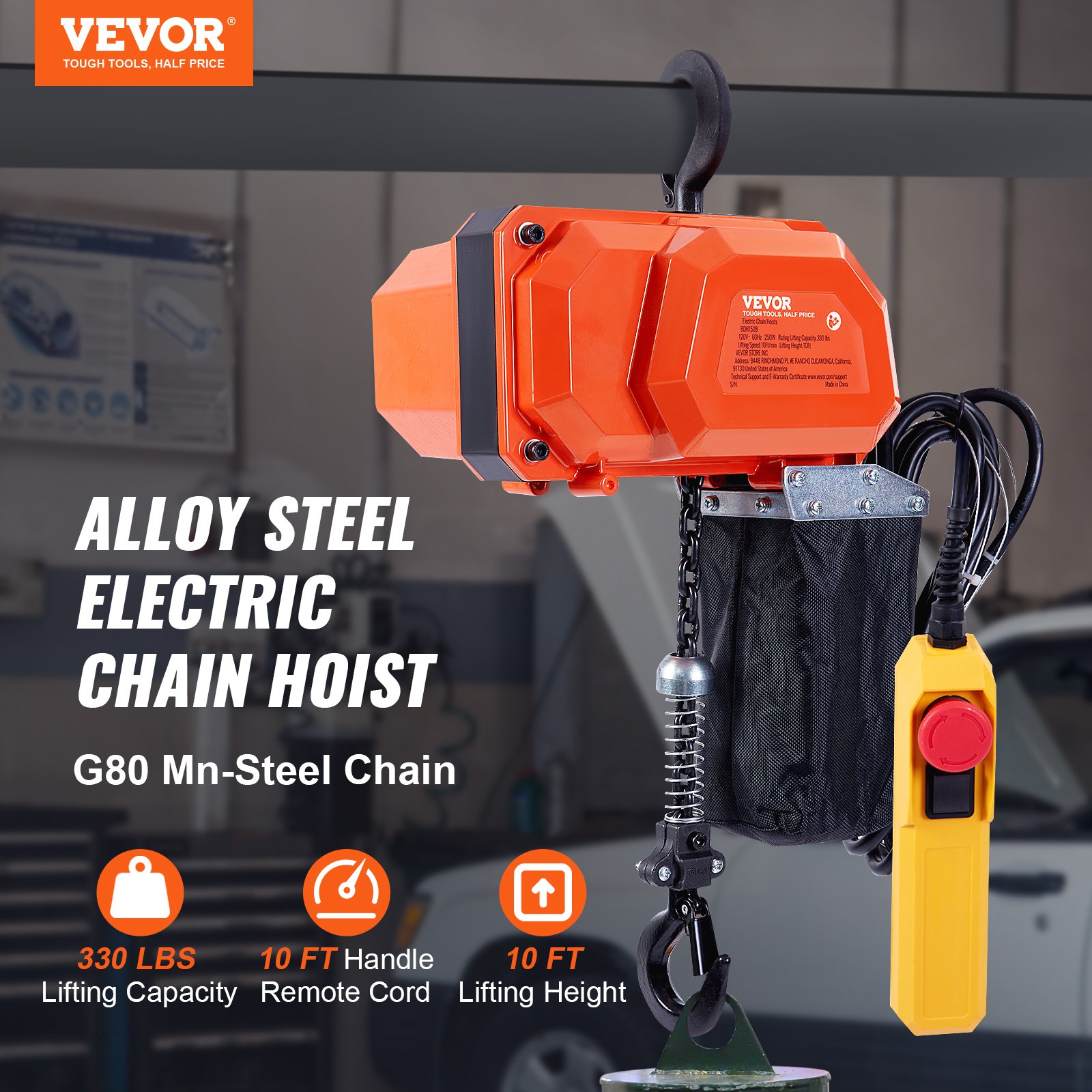 VEVOR Electric Chain Hoist, 330 lbs Load Capacity, 10 ft Lifting Height, 7.5 ft/min Speed, 230V, Single Phase Overhead Crane with G80 Chain, 10 ft Wired Remote Control for Garage, Shop, Hotel, Home