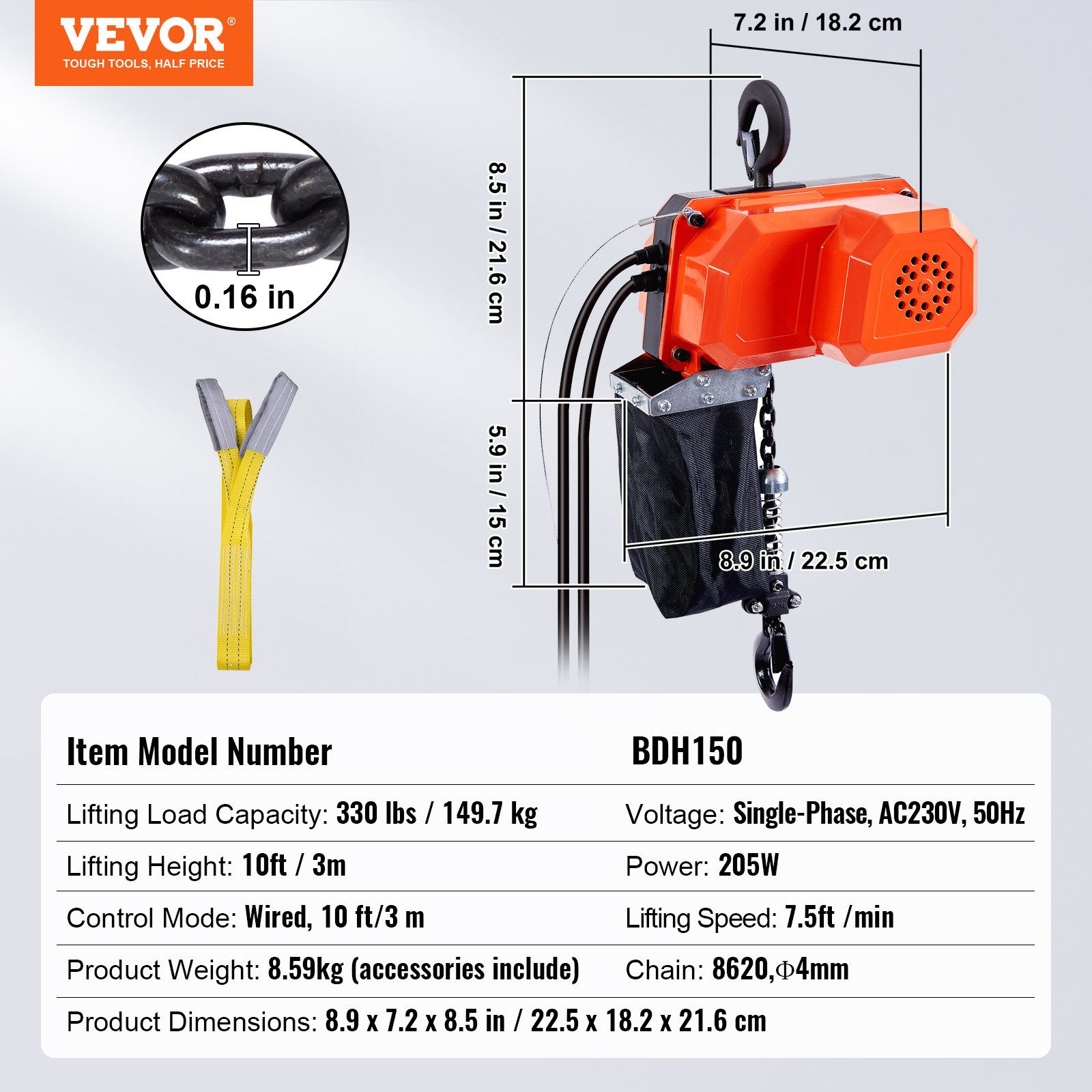 VEVOR Electric Chain Hoist, 330 lbs Load Capacity, 10 ft Lifting Height, 7.5 ft/min Speed, 230V, Single Phase Overhead Crane with G80 Chain, 10 ft Wired Remote Control for Garage, Shop, Hotel, Home