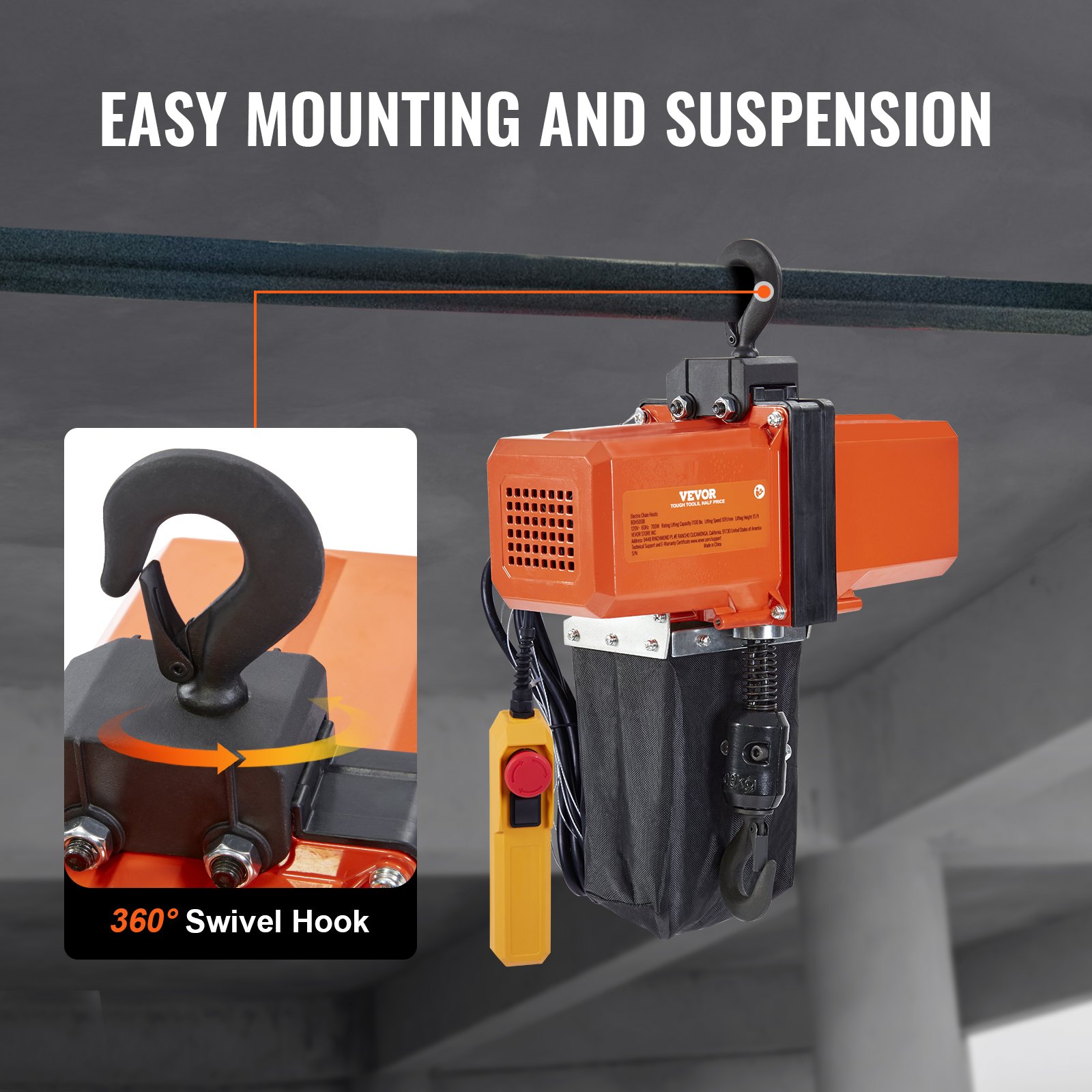 VEVOR Electric Chain Hoist Single Phase Crane Hoist 499 kg Load 457.2 cm Lifting