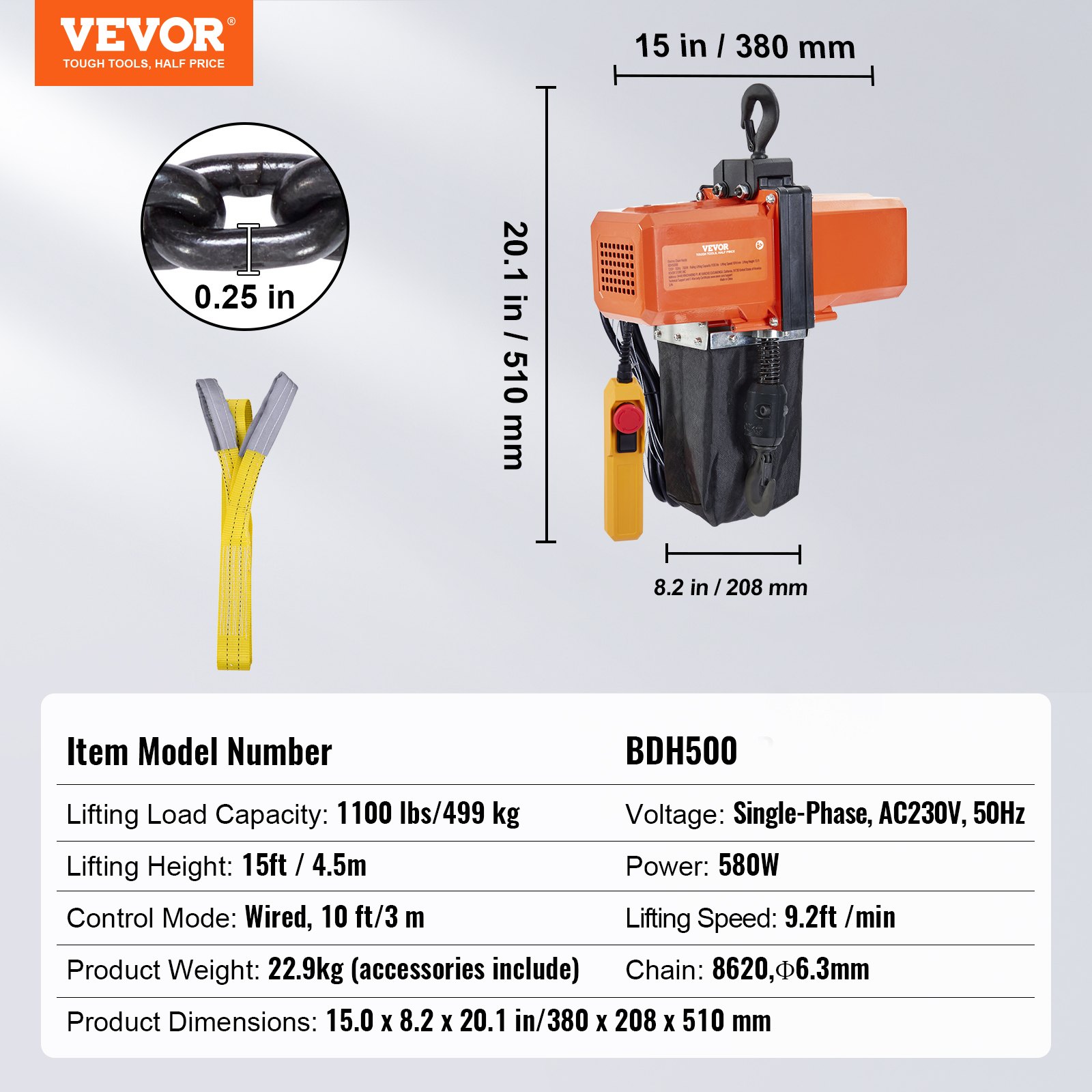 VEVOR Electric Chain Hoist Single Phase Crane Hoist 499 kg Load 457.2 cm Lifting