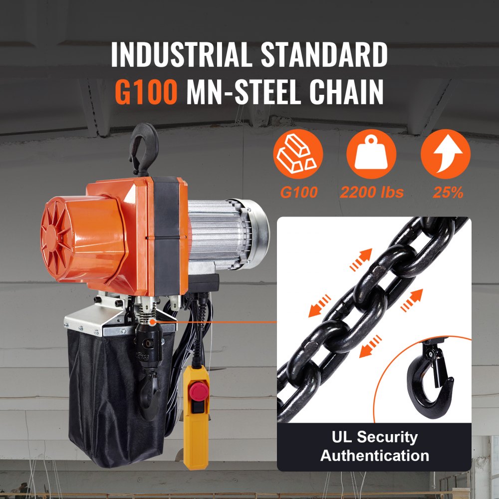 VEVOR Electric Chain Hoist, 2200 lbs Load Capacity, 10 ft Lifting Height, 10.5 ft/min Speed, 230V, Single Phase Overhead Crane with G100 Chain, 10 ft Wired Remote Control for Garage, Shop, Hotel, Home