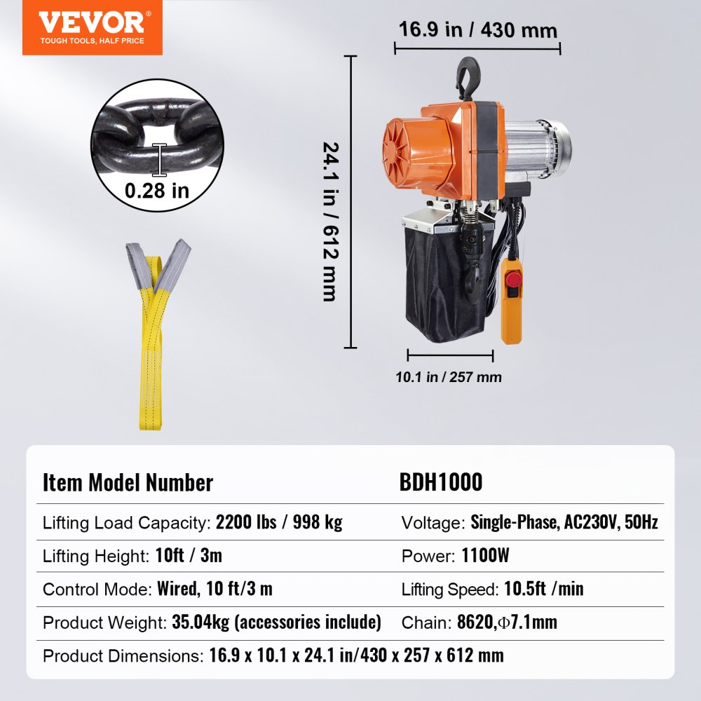 VEVOR Electric Chain Hoist, 2200 lbs Load Capacity, 10 ft Lifting Height, 10.5 ft/min Speed, 230V, Single Phase Overhead Crane with G100 Chain, 10 ft Wired Remote Control for Garage, Shop, Hotel, Home