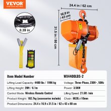 VEVOR Electric Chain Hoist Three Phase Crane Hoist 4400 lbs Load 20 ft Lifting