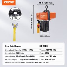 VEVOR Electric Chain Hoist, 1100 lbs Load Capacity, 15 ft Lifting Height, 10 ft/min Speed, 120V, Single Phase Overhead Crane with G100 Chain, 10 ft Wired Remote Control for Garage, Shop, Hotel, Home