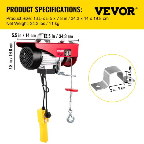 VEVOR 125 Kg/250 Kg Electric Hoist Lifting Crane Remote Control Power System,  Alloy Steel Wire Overhead Crane Garage Ceiling Pulley Winch w/Premium 1.5 M/5 Ft Long Cable