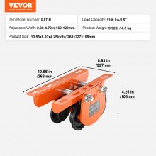VEVOR Electric Hoist Manual Trolley, 1100 lbs/0,5 Ton Capacity for PA200 PA250 PA300 PA400 PA500, Push Beam Trolley with Dual Wheels, 2,36"-4,72" Ρυθμιζόμενο πλάτος καμπυλότητας φλάντζας για ευθεία