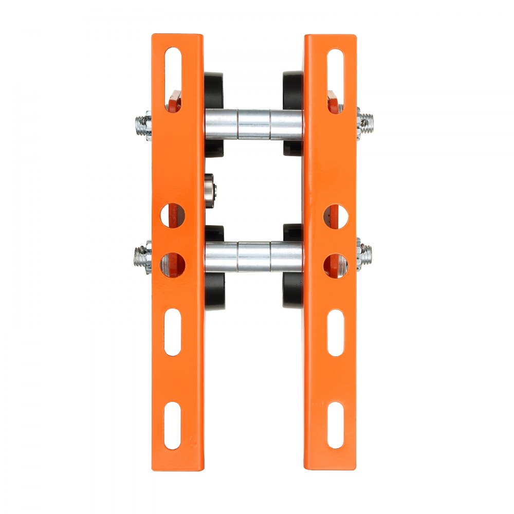 orange VEVOR electric hoist trolley with metal frame, wheels, and adjustable bolts. top-down view.