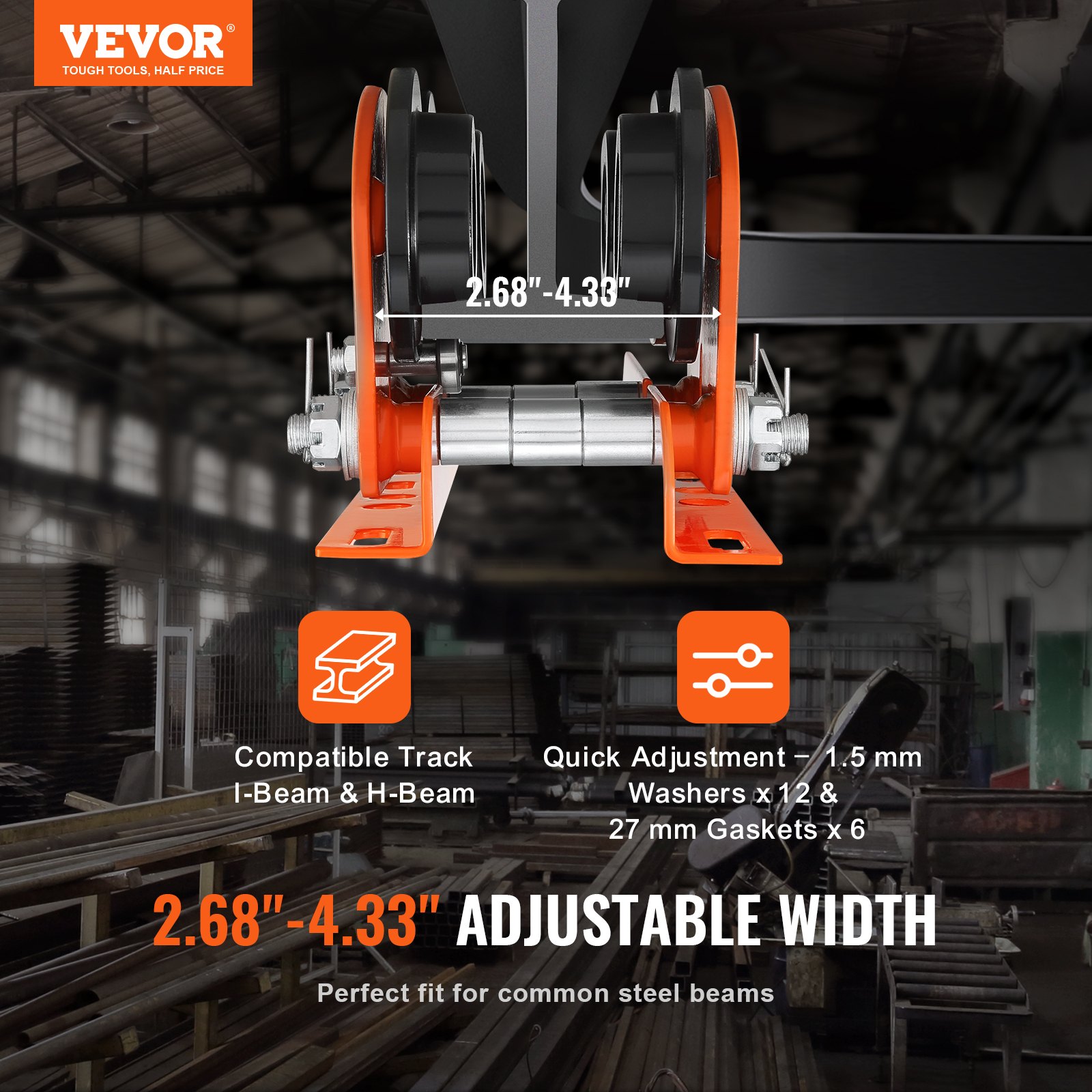 VEVOR electric hoist trolley on a steel beam, showing adjustable width range of 2.68&quot;-4.33&quot;.