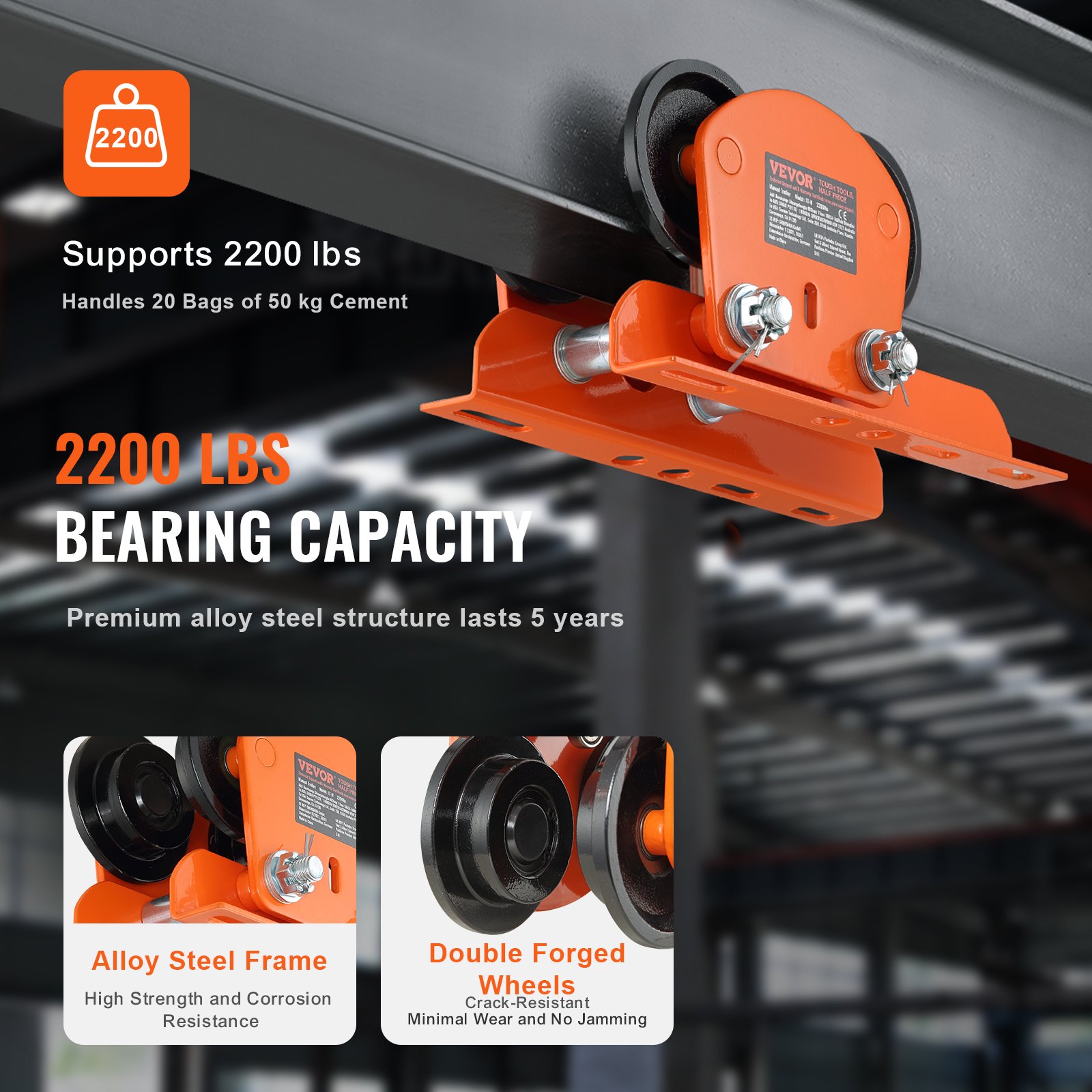 VEVOR electric hoist trolley with 2200 lbs bearing capacity, double-forged wheels, and alloy steel frame.