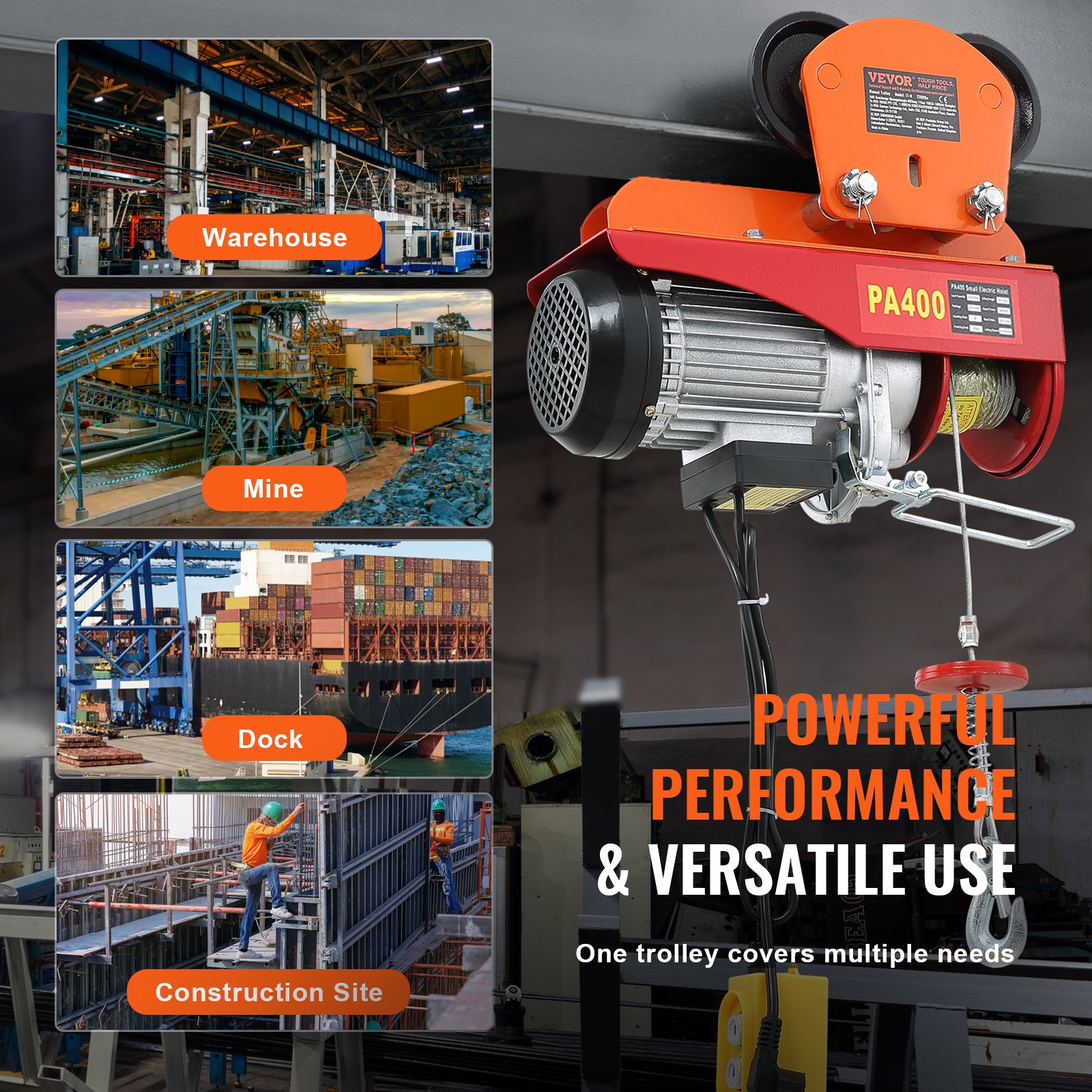 VEVOR electric hoist trolley with applications in warehouse, mine, dock, and construction site.