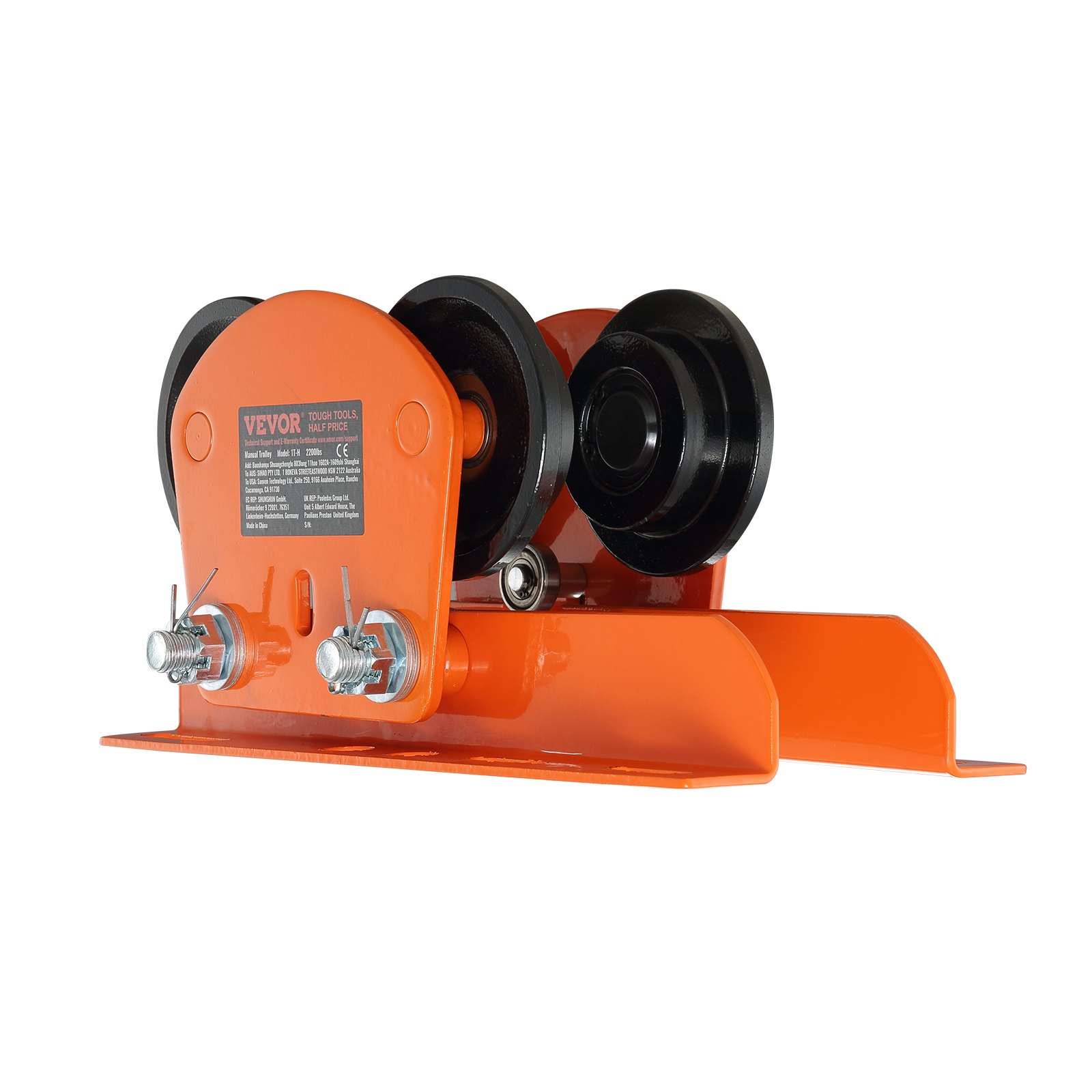 bright orange VEVOR electric hoist trolley with black wheels, front view.