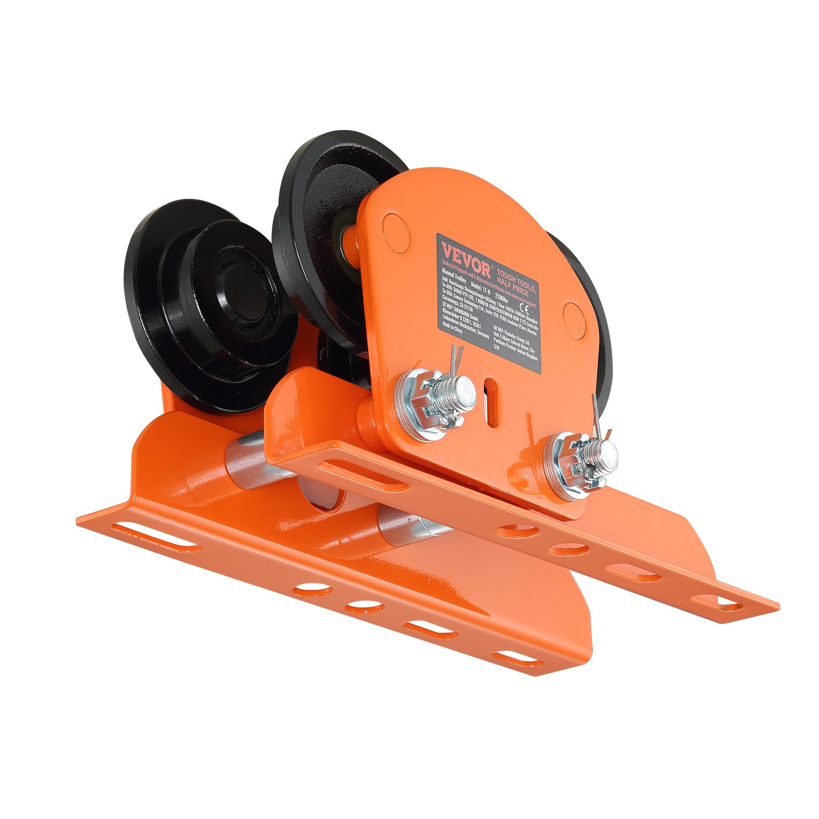 orange VEVOR electric hoist trolley with black wheels and mounting hardware.