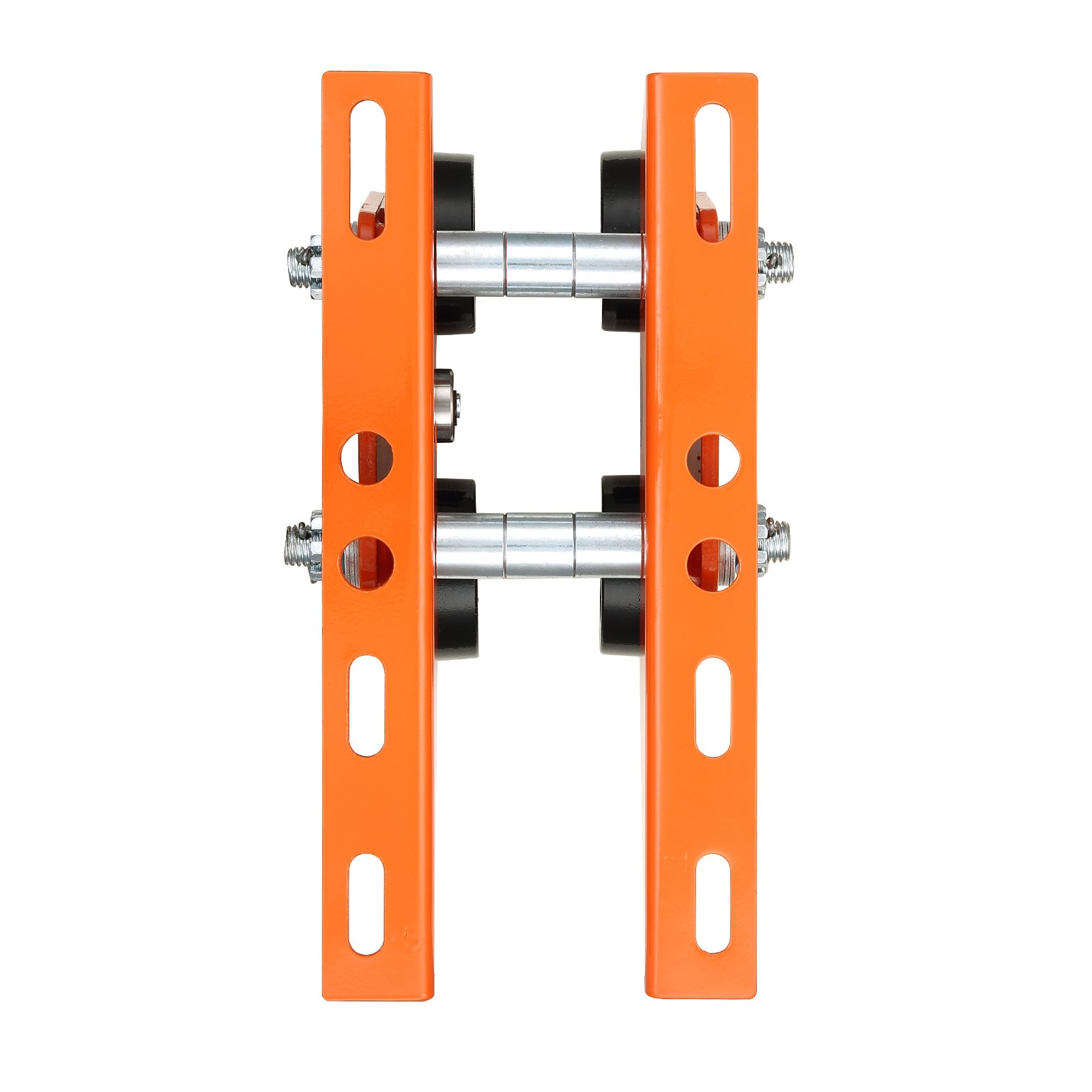 orange VEVOR electric hoist trolley with metal frame, wheels, and adjustable bolts. top-down view.