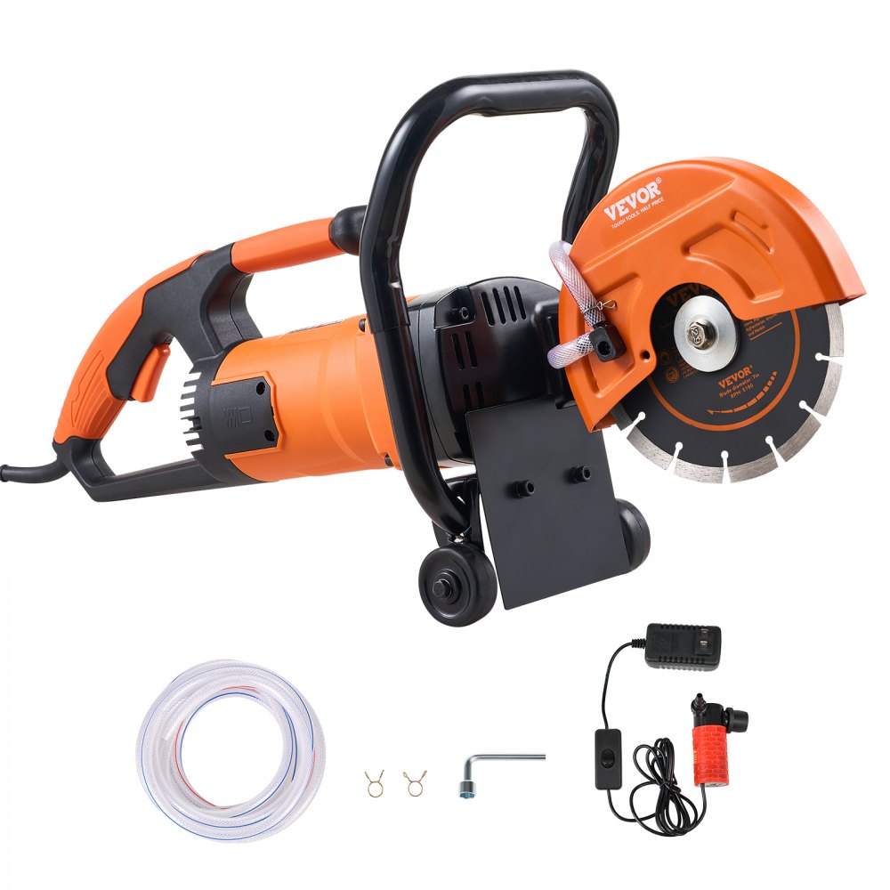 VEVOR electric concrete saw with accessories, featuring a sharp blade, durable handle, and essential tools.