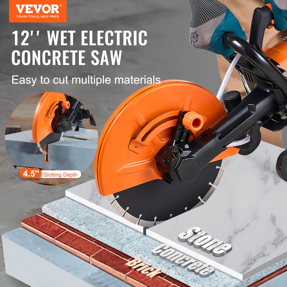 VEVOR Electric Concrete Saw, 30.5cm, 1800 W Motor Circular Saw Cutter with Max. 114mm Adjustable Cutting Depth, Wet Disk Saw Cutter Includes Water Line, Pump and Blade, for Stone, Brick