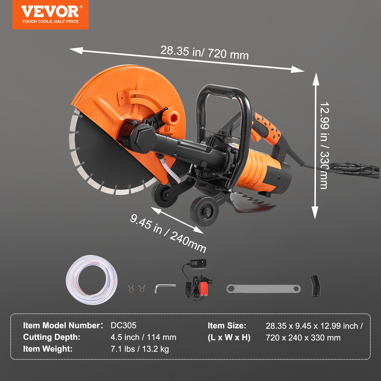 VEVOR Electric Concrete Saw, 30.5cm, 1800 W Motor Circular Saw Cutter with Max. 114mm Adjustable Cutting Depth, Wet Disk Saw Cutter Includes Water Line, Pump and Blade, for Stone, Brick