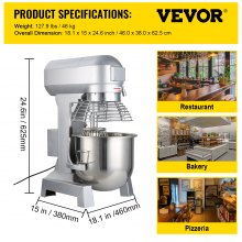 VEVOR Commercial Food Mixer 10Qt 450W 3 Speeds Adjustable 110/178/390 RPM Heavy Duty 110V with Stainless Steel Bowl Dough Hooks Whisk Beater Premium for Schools Bakeries Restaurants Pizzerias