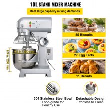 VEVOR Commercial Food Mixer 10Qt 450W 3 Speeds Adjustable 110/178/390 RPM Heavy Duty 110V with Stainless Steel Bowl Dough Hooks Whisk Beater Premium for Schools Bakeries Restaurants Pizzerias