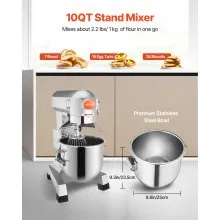 VEVOR Commercial Food Mixer 10Qt 450W 3 Speeds Adjustable 110/178/390 RPM Heavy Duty 110V with Stainless Steel Bowl Dough Hooks Whisk Beater Premium for Schools Bakeries Restaurants Pizzerias