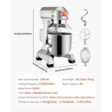 VEVOR Commercial Food Mixer 10Qt 450W 3 Speeds Adjustable 110/178/390 RPM Heavy Duty 110V with Stainless Steel Bowl Dough Hooks Whisk Beater Premium for Schools Bakeries Restaurants Pizzerias