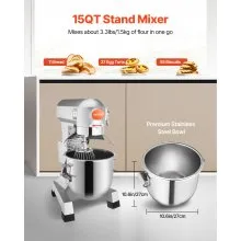VEVOR Commercial Food Mixer 15Qt 600W 3 Speeds Adjustable 110/178/390 RPM Heavy Duty 110V with Stainless Steel Bowl Dough Hooks Whisk Beater Premium for Schools Bakeries Restaurants Pizzerias