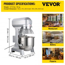 VEVOR Commercial Food Mixer 15Qt 600W 3 Speeds Adjustable 110/178/390 RPM Heavy Duty 110V with Stainless Steel Bowl Dough Hooks Whisk Beater Premium for Schools Bakeries Restaurants Pizzerias