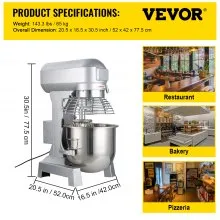 VEVOR Commercial Food Mixer 20Qt 750W 3 Speeds Adjustable 105 180 and 408 RPM Food Processor Heavy Duty with Stainless Steel Bowl Dough Hooks Whisk Beater for Schools Bakeries Restaurants Pizzeria