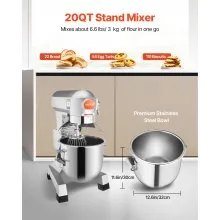 VEVOR Commercial Food Mixer 20Qt 750W 3 Speeds Adjustable 105 180 and 408 RPM Food Processor Heavy Duty with Stainless Steel Bowl Dough Hooks Whisk Beater for Schools Bakeries Restaurants Pizzeria