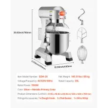 VEVOR Commercial Food Mixer 20Qt 750W 3 Speeds Adjustable 105 180 and 408 RPM Food Processor Heavy Duty with Stainless Steel Bowl Dough Hooks Whisk Beater for Schools Bakeries Restaurants Pizzeria
