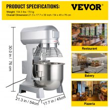VEVOR Commercial Stand Mixer, 30Qt Stainless Steel Bowl, 1100W Heavy Duty Electric Food Mixer with 3 Speeds Adjustable 105/180/408 RPM, Dough Hook Whisk Beater Included, Perfect for Bakery Pizzeria
