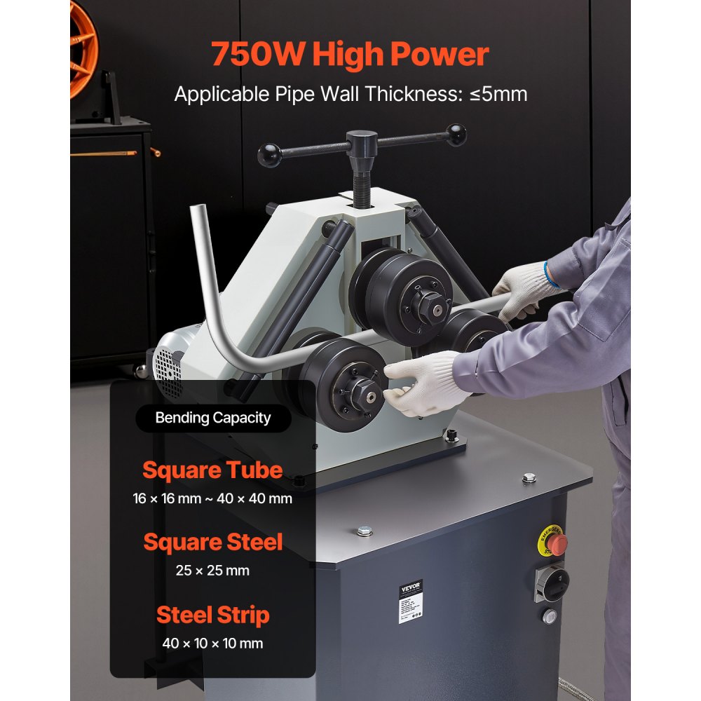 VEVOR 750W Electric Roll Bending Machine, 3-Roller Electric Pipe Bender Machine with Reversible Foot Switch, Support Horizontal/Vertical Operation (220V 60Hz 3-Phase, No Plug)