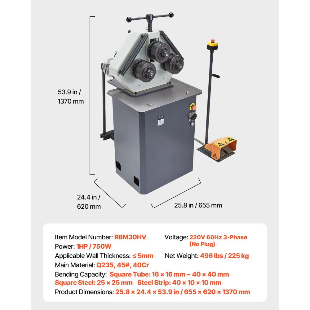VEVOR 750W Electric Roll Bending Machine, 3-Roller Electric Pipe Bender Machine with Reversible Foot Switch, Support Horizontal/Vertical Operation (220V 60Hz 3-Phase, No Plug)