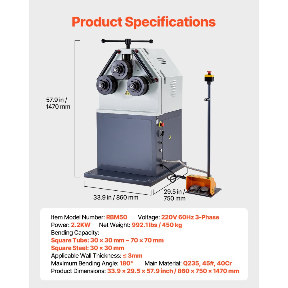 VEVOR 2.2KW Electric Roll Bending Machine, 3-Roller Electric Pipe Bender Machine with 180° Maximum Bending Angle & Reversible Foot Switch, Support Horizontal/Vertical Operation (220V 60Hz 3-Phase)